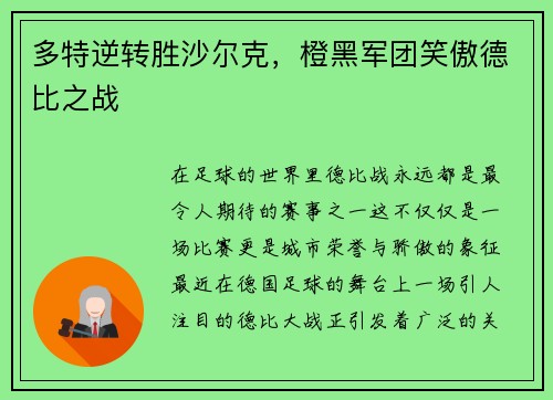 多特逆转胜沙尔克，橙黑军团笑傲德比之战