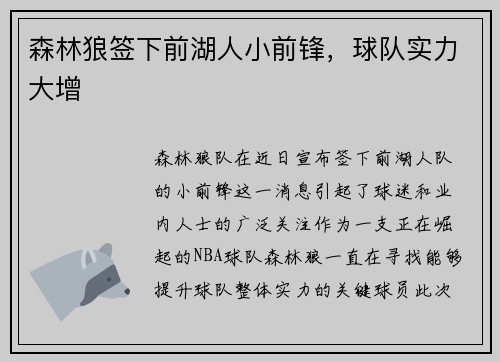 森林狼签下前湖人小前锋，球队实力大增